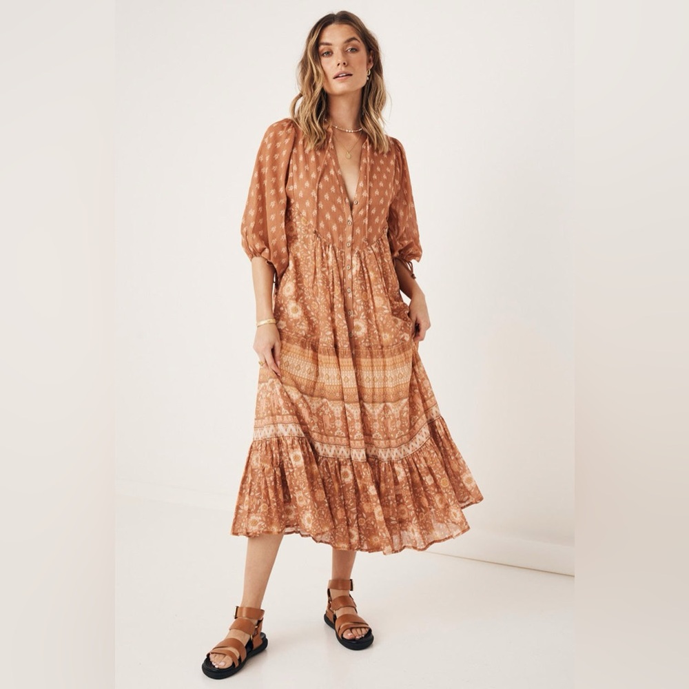 Spell & the Gypsy Utopia Short Sleeve Midi Dress, Color Cinnamon, Size M, NWT
